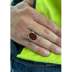 Ανδρικό δαχτυλίδι από μασίφ ασήμι 925 με οβάλ πέτρα κορνεόλη  - Χρώμα πέτρας κόκκινο