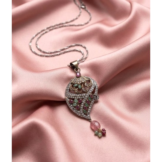 Κολιέ από ασήμι 925 με σμαράγδια, ρουμπίνια και diamond chips