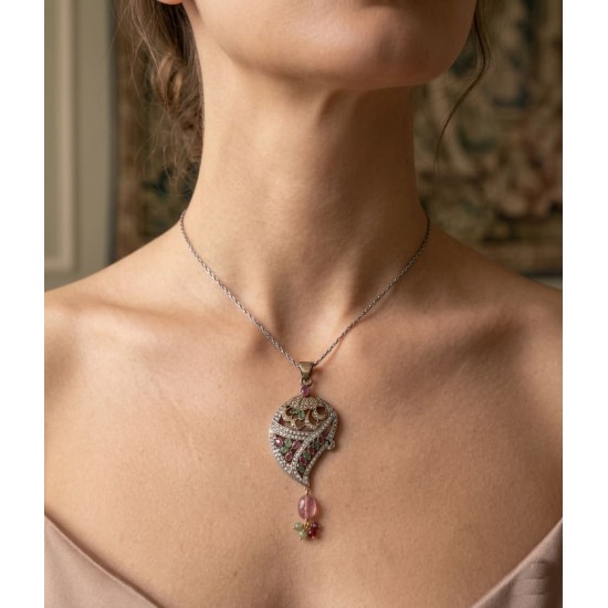 Κολιέ από ασήμι 925 με σμαράγδια, ρουμπίνια και diamond chips